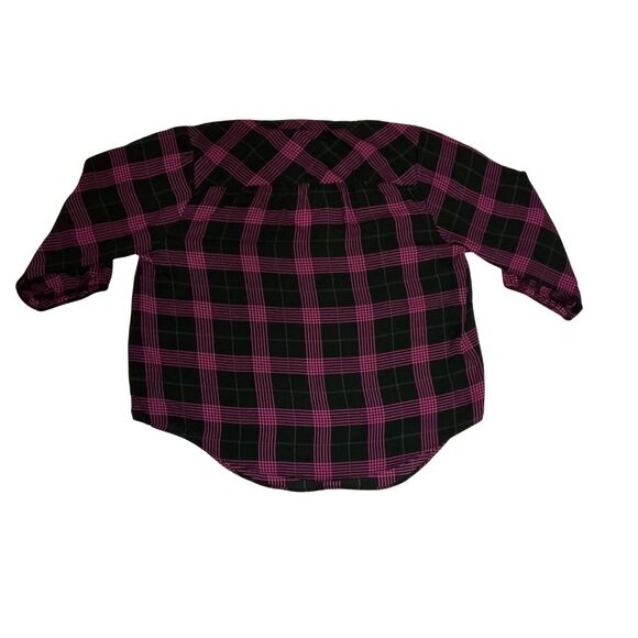 Torrid Pink & Black Plaid Blouse Size 2 (2X) Sheer Split Neckline 3/4 Sleeve Top - Picture 2 of 7